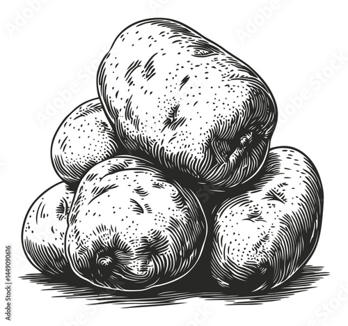 Detailed Engraving Illustration of a Pile of Fresh Potatoes