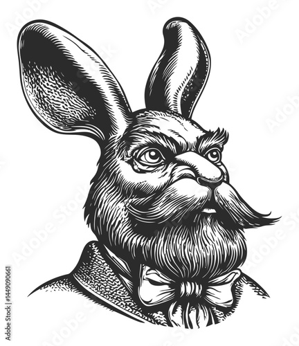Vintage Engraving of a Rabbit with Elegant Mustache and Bowtie