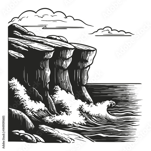 Illustration of Rocky Coastline with Waves and Clouds Above
