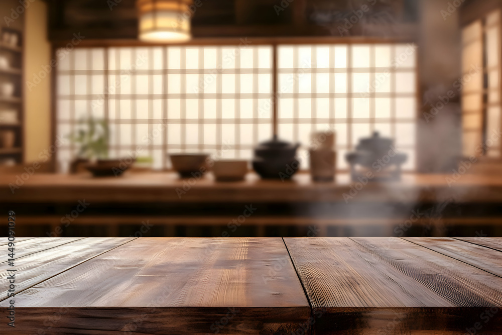 empty wooden table blurred traditional Japanese-style kitchen background empty wooden table blurred traditional Japanese-style kitchen background