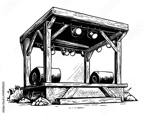 Rustic Stage with Lights and Rolling Drums Engraving Illustration