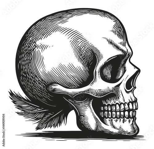 Detailed Engraved Illustration of a Skull Profile View