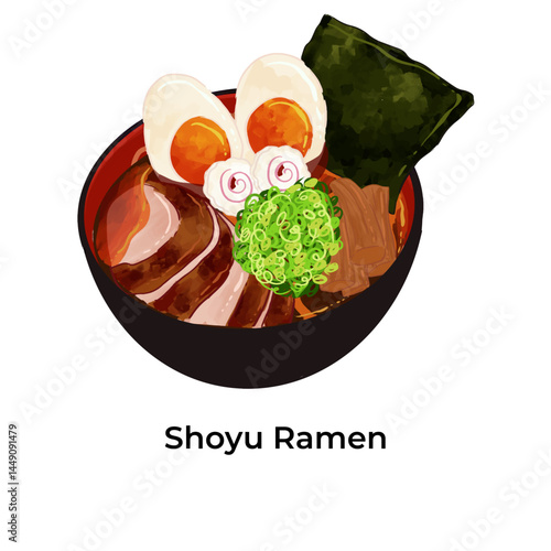 Vector illustration of traditional Japanese food featuring ramen and assorted sushi. Colorful and detailed design perfect for restaurant menus, food packaging, culinary blogs, or Asian cuisine project
