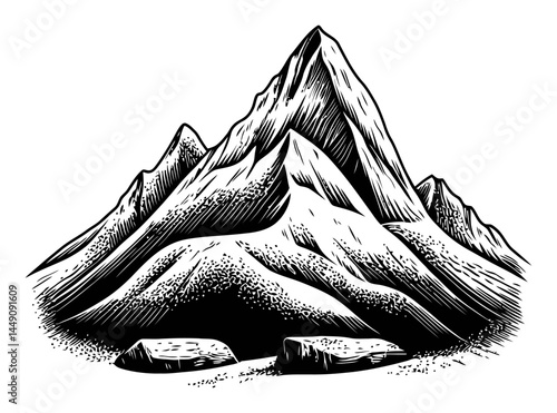 Detailed Illustration of Majestic Mountains in Black and White Style