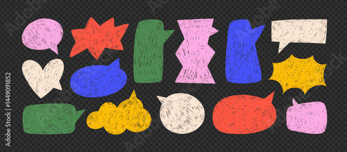 Colorful crayon drawn funky speech bubble silhouettes on transparent background. Hand drawn vector talk balloons in comic sketch style. Grunge pencil texture. Doodle dialog balloon elements collection