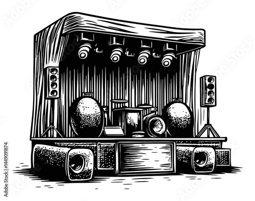 Vintage Engraved Illustration of a Concert Stage Setup with Speakers