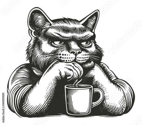 Cat Engraving with Coffee Mug in a Classic Illustration Style