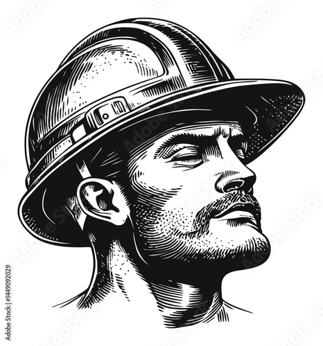 Vintage Engraving of Male Worker in Hard Hat with Serious Expression