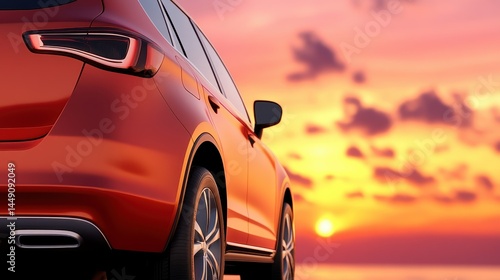 Orange Car Against a Stunning Sunset with Reflections and Vibrant Sky