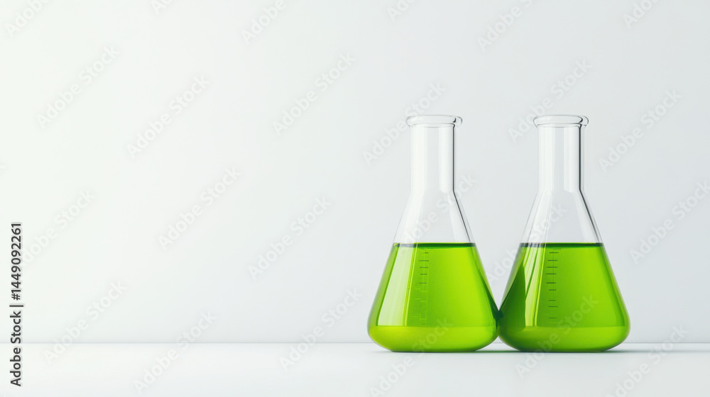 Two transparent laboratory beakers filled with bright green liquid are placed on white surface against plain white background, creating clean and scientific atmosphere Two transparent laboratory beakers filled with bright green liquid are placed on white surface against plain white background, creating clean and scientific atmosphere