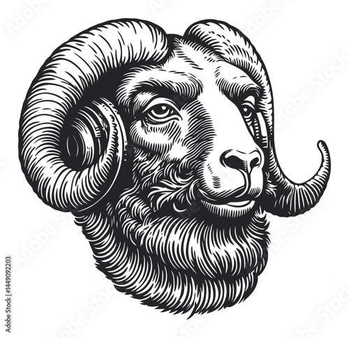 Detailed Engraving Illustration of a Majestic Ram Head