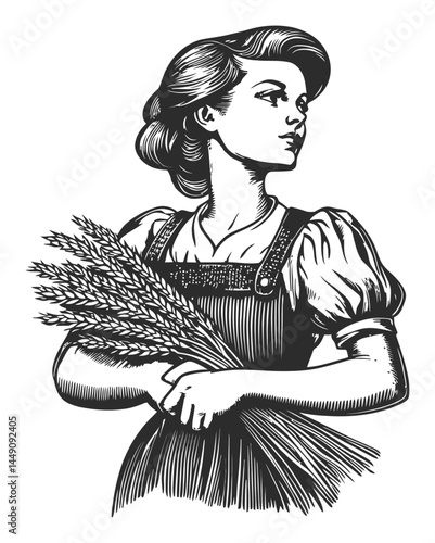 Vintage Illustration of Woman Holding Wheat Sheaves in Engraving Style