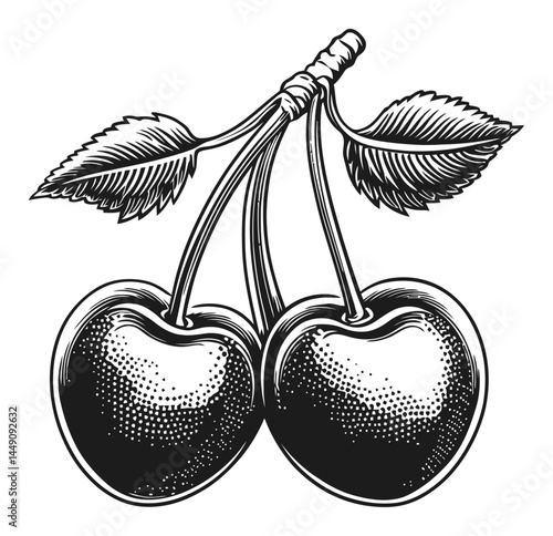 Vintage Cherry Fruit Engraving Illustration in Black and White Style