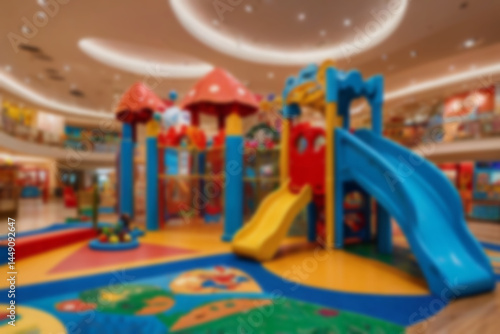 Wallpaper Mural interior of children's play area in a blurry mall, slide game, no people, bright lighting, colorful, children's play area, blurry wallpaper Torontodigital.ca