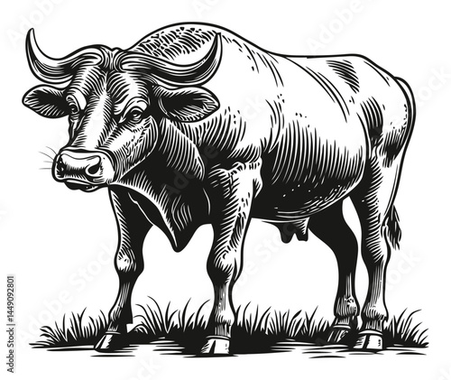 Detailed Engraving of a Strong Buffalo Standing in Grass