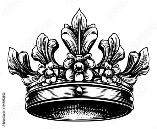 Vintage Crown Illustration with Intricate Floral Elements Engraving