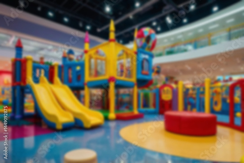 Wallpaper Mural interior of children's play area in a blurry mall, slide game, no people, bright lighting, colorful, children's play area, blurry wallpaper Torontodigital.ca