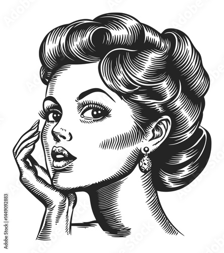 Elegant Vintage Woman Illustration with Stylish Hair and Makeup
