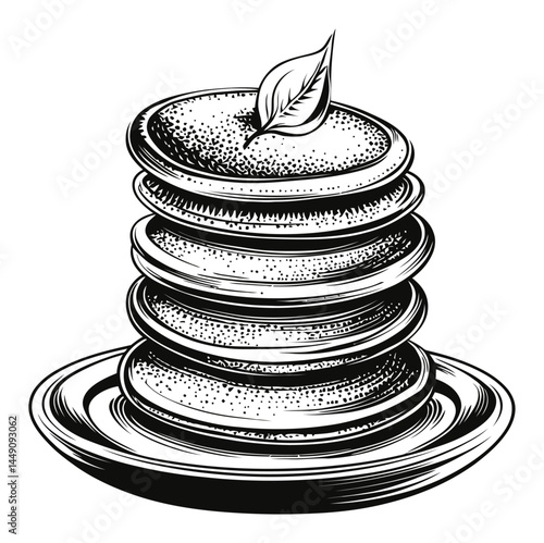 Detailed Engraving of Stack of Pancakes with Leaf Garnish