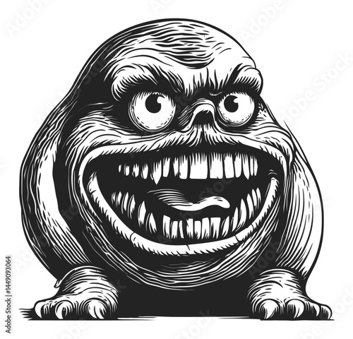 Unique Vintage Style Engraving of Quirky Monster Character Design
