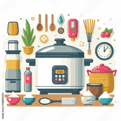 cooking, food, rice, pot, kitchen, cooker, steam, white, hot, heat, cook, rice cooker, meal, kitchenware, equipment, illustration, vector, electric, background, isolated, appliance, boil, home, grain,