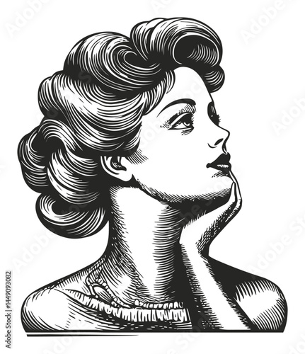 Elegant Vintage Engraving of a Thoughtful Woman with Curly Hair