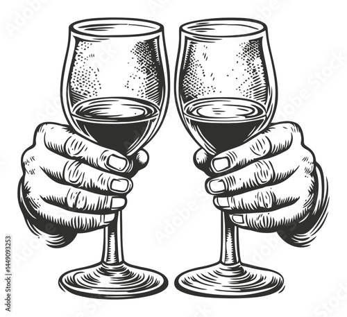 Hands Holding Two Wine Glasses in Vintage Engraving Style