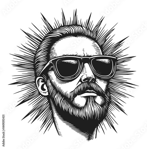 Engraving of a Cool Man with Sunglasses Surrounded by Rays