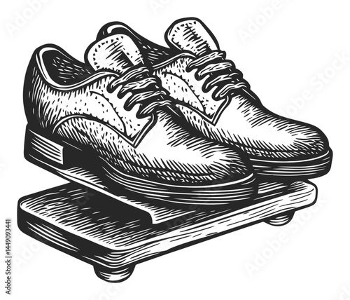Vintage Engraving of Classic Dress Shoes on a Wooden Platform