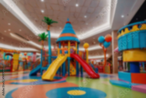 Wallpaper Mural interior of children's play area in a blurry mall, slide game, no people, bright lighting, colorful, children's play area, blurry wallpaper Torontodigital.ca