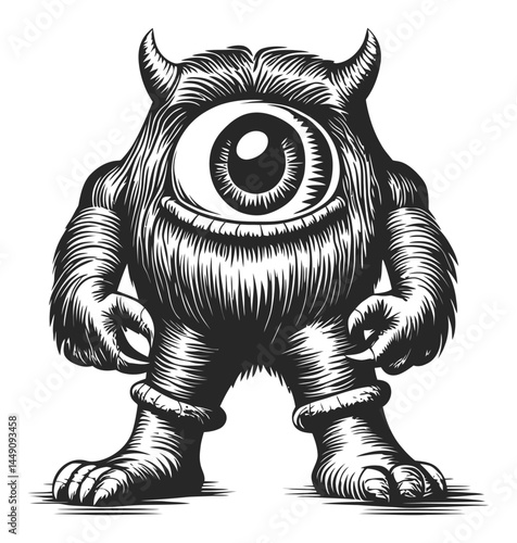 Engraved One-Eyed Monster Illustration in Black and White Style