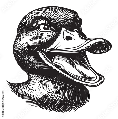 Detailed Black and White Engraved Duck Illustration with Expression