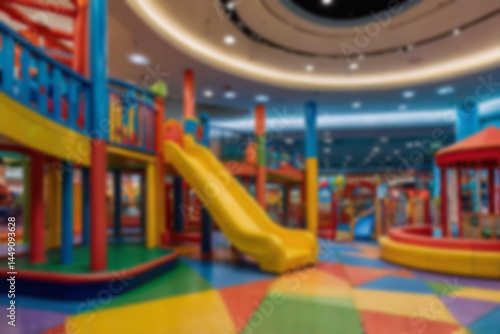 Wallpaper Mural interior of children's play area in a blurry mall, slide game, no people, bright lighting, colorful, children's play area, blurry wallpaper Torontodigital.ca