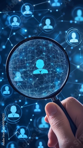 Wallpaper Mural Human resources management concept showcasing employment headhunting and recruiting with online technology, where a magnifying glass focuses on a manager icon, the best candidate to join the team.  Torontodigital.ca