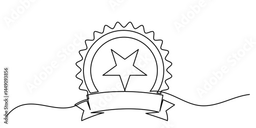 Continuous line drawing of a hand-drawn vector of a Rosette Stamp award badge with award.medal Premium quality & warranty concept in minimalist linear style.Medal doodle illustration,isolated on white