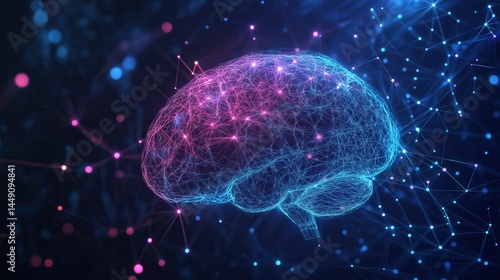 Abstract 3D illustration of a glowing digital brain with neural network connections, representing artificial intelligence, deep learning, and neuroscience.