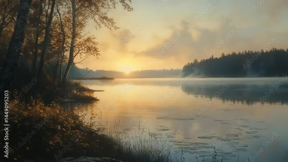 Serene sunrise over a tranquil lake. Serene sunrise over a tranquil lake.