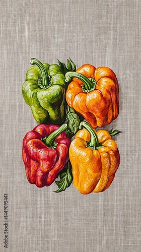 Colorful bell peppers resting on textured linen fabric for rustic food presentation