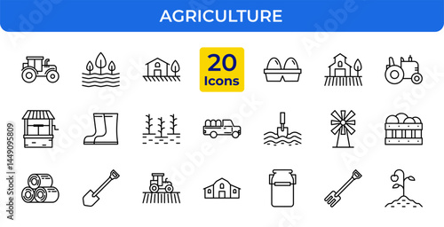 Agriculture Vector Icon Set - Farm, tractor, plant, harvesting, barn, field, well, boots, seeds, truck, irrigation, windmill, eggs, shovel, cultivator, milk can, rake, seedling - Editable Line Weight