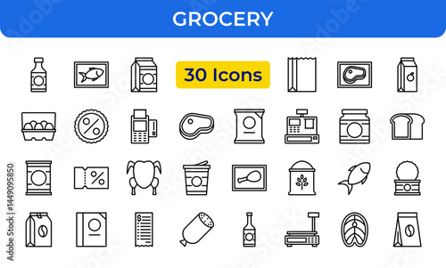 Grocery and Food Line Icons Set. Supermarket, Shopping, Market, and Retail Products Symbols. Editable Vector Stroke.