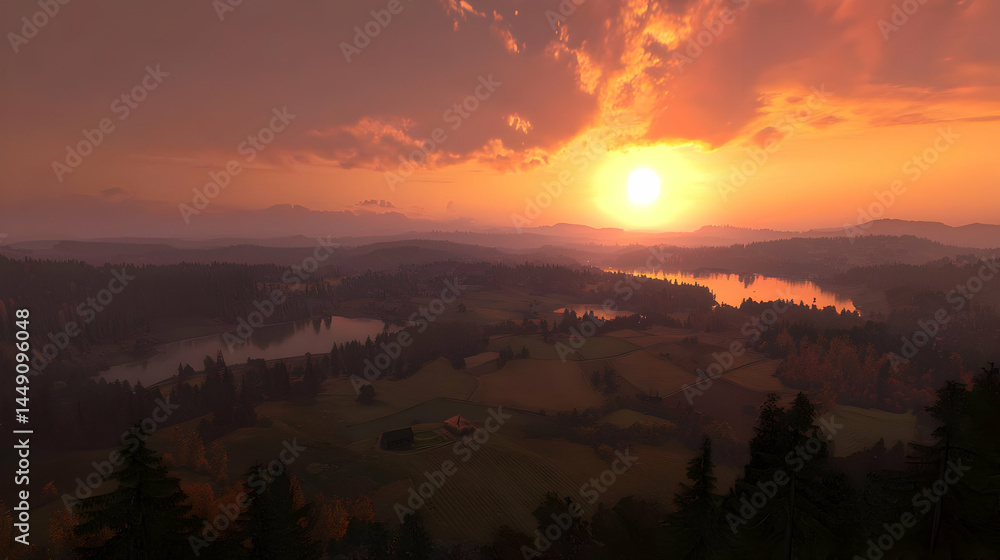 Obraz premium Autumnal Sunset Over Mountainous Landscape With Lake And City
