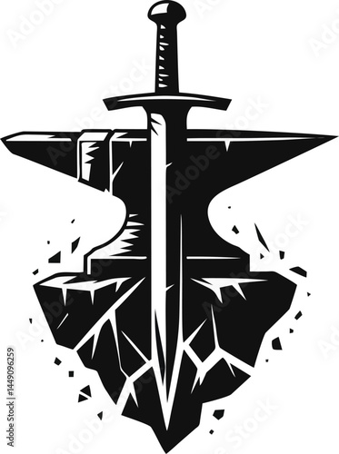 A Stylized Illustration Depicts A Sword Piercing An Anvil Standing On Shattered Rock Surface
