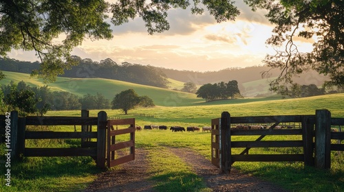 farm gate with grazing cows and rolling green hills