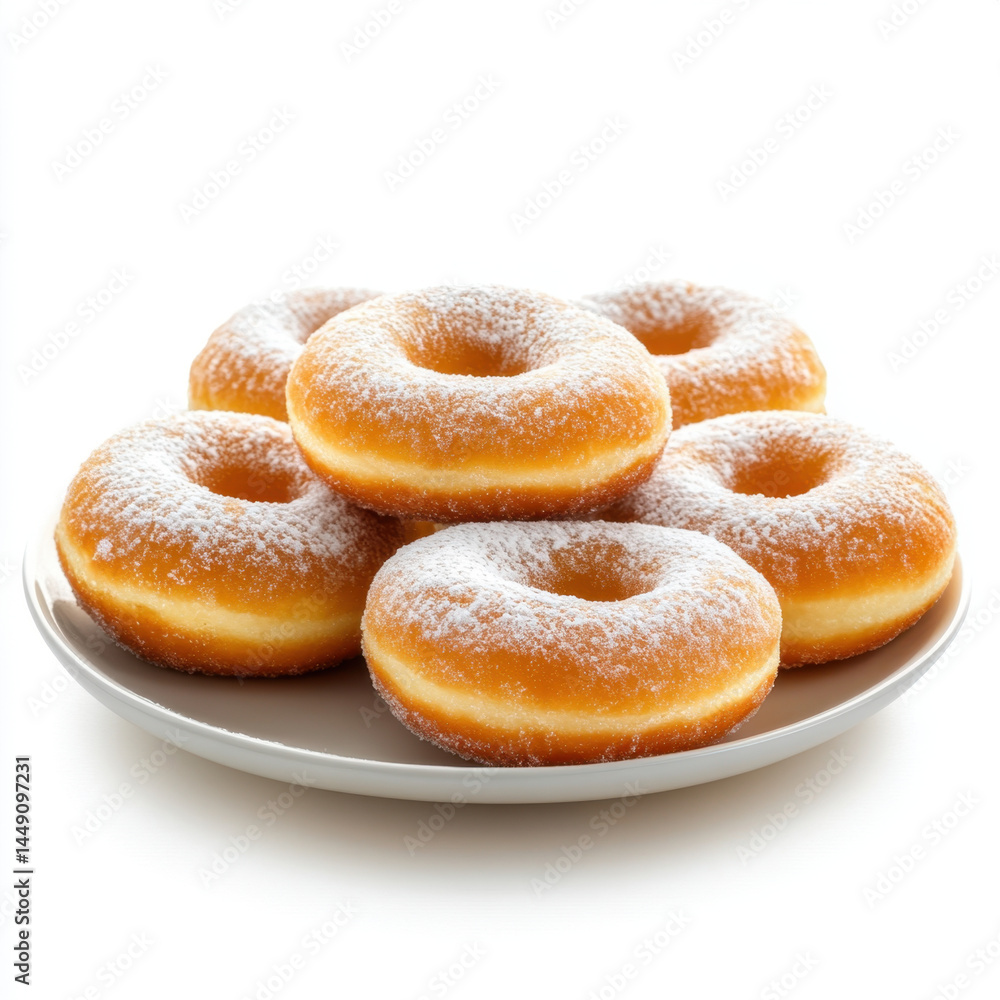 Fresh powdered sugar donuts arranged on white plate, showcasing golden brown texture and soft appearance, perfect for sweet breakfast or snack treat Fresh powdered sugar donuts arranged on white plate, showcasing golden brown texture and soft appearance, perfect for sweet breakfast or snack treat