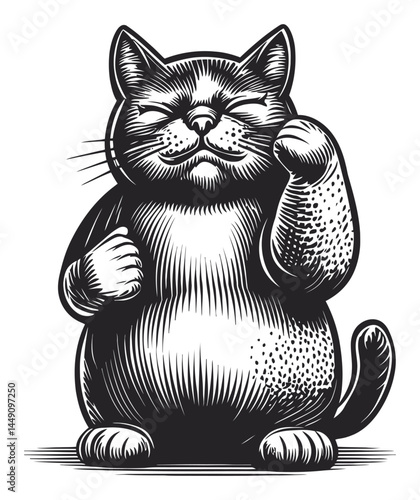 Playful Cat Illustration in Engraving Style with Bold Lines and Texture