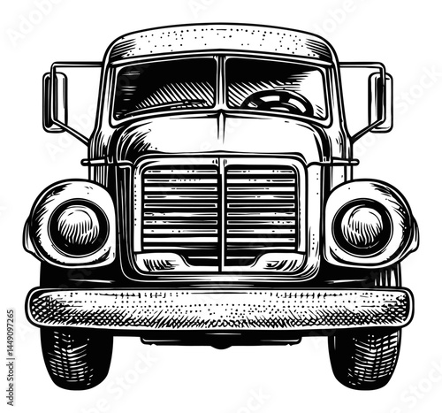 Detailed Engraving of a Classic Vintage Truck Front View