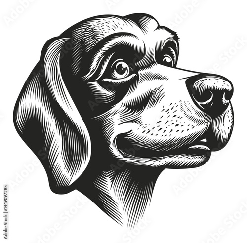 Engraved Illustration of a Dog's Head in Classic Black and White Style