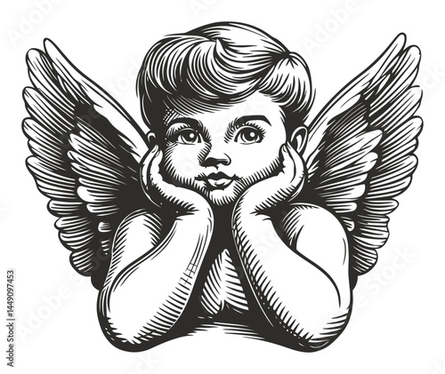 Detailed Vintage Engraving of a Cherubic Angel with Wings
