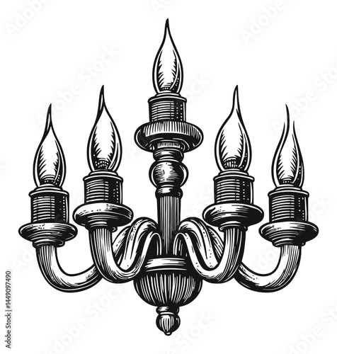 Vintage Engraving of Elegant Five-Arm Candelabra Chandelier Design
