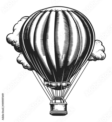 Vintage Style Engraving of Hot Air Balloon with Clouds Illustration
